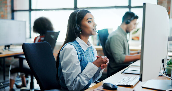 Business, woman and talking with computer at call centre for customer service, questions and advisor. Female person, consultant and online assistance for crm advice, information and telecom procedure
