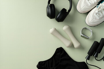 Fitness equipment on light green background: sneakers, dumbbells, headphones, and sportswear.
