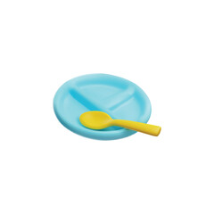 3D vector illustration of portioned silicone or plastic blue plate with yellow spoon.