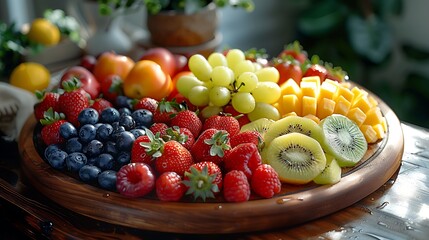 Fototapeta premium Delicious summer fruit platter featuring ripe strawberries, raspberries, blueberries, mango, and grapes arranged on a rustic wooden board
