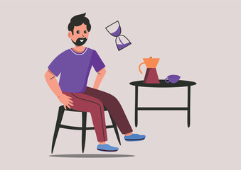 New coloring Illustration of a smiling man, violet clothes, waiting icon, please wait icon, waiting design, cheerful
