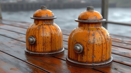 Worn, orange maritime buoy-shaped dockside elements