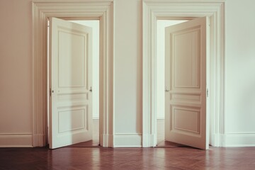 Two open white doors in an elegant hallway, inviting exploration and choice in a serene setting.