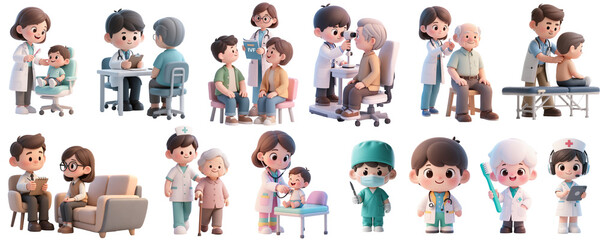 Adorable chibi 3D characters with oversized heads and tiny bodies represent healthcare and wellness jobs including nurse, dentist, therapist, elder care and more in a charming stylized scene