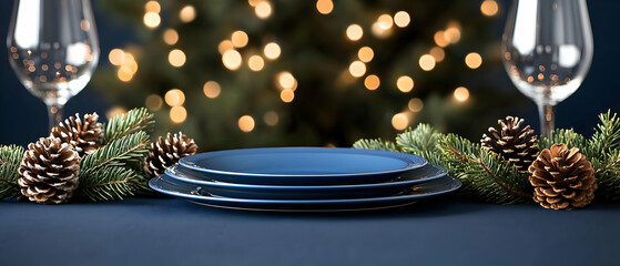 Dark Blue Christmas Dinner Table Setting With Pine Cones