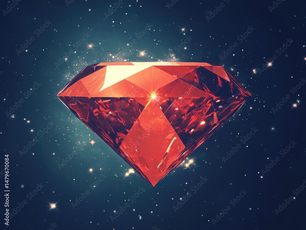 Poster sparkling ruby gem floating in space digital art with starry background and faceted cut precious sto