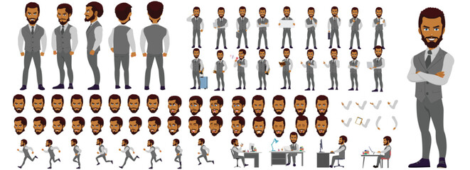 Man Character design. Front, side, back view and explainer animation poses. Character set with lip sync and facial expressions of Happy, angry, sad, Joy with Side walk cycle animation sequence sprite 