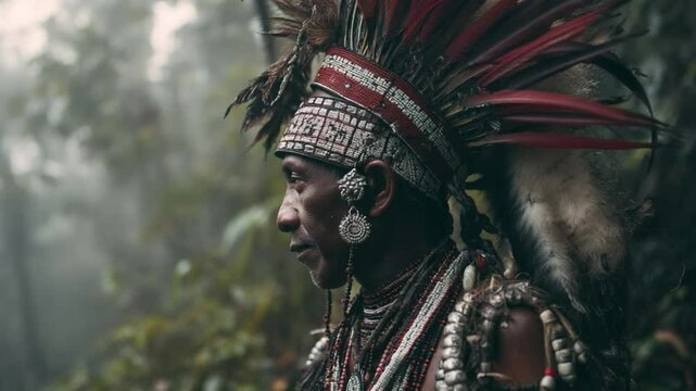 Indigenous Person in Rainforest: A profile view of an indigenous person adorned in intricate traditional headdress and body paint, standing amidst the lush greenery of a rainforest.