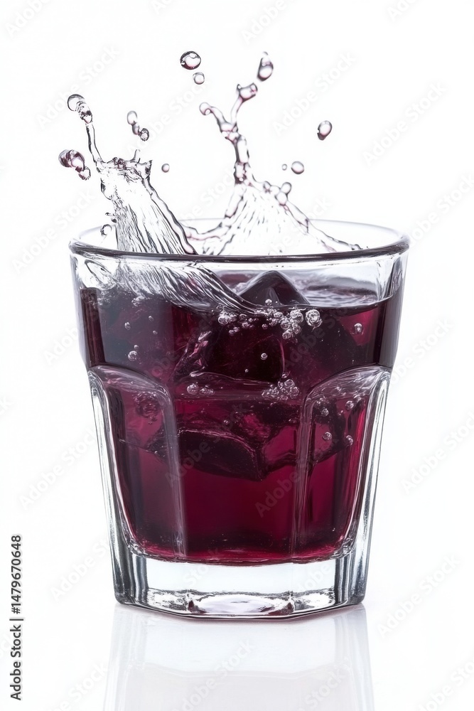 Poster refreshing red drink with ice cubes splashing in a clear glass on a white background studio shot clo
