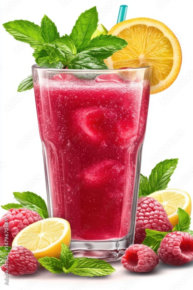 Poster refreshing raspberry lemonade in glass with ice cubes lemon slice and mint garnish close up studio s