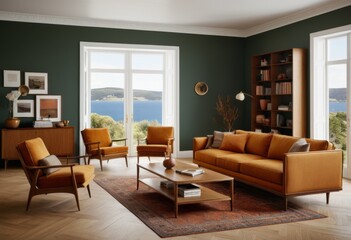 Fototapeta premium There is a living room with a sofa chair coffee table and bookshelf