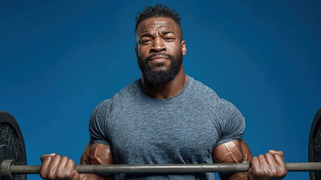 An athletic man in gym attire is lifting a barbell with focused effort, showcasing his strength in a well-equipped gym environment. The backdrop is a solid color, enhancing his muscular physique
