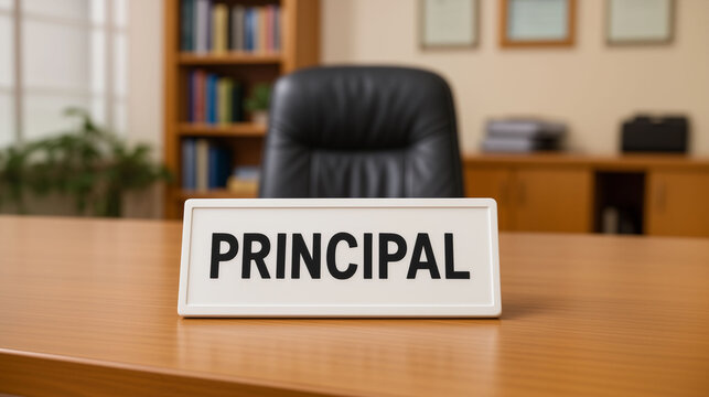 Principal office desk with signboard representing school authority education leadership and administration concept