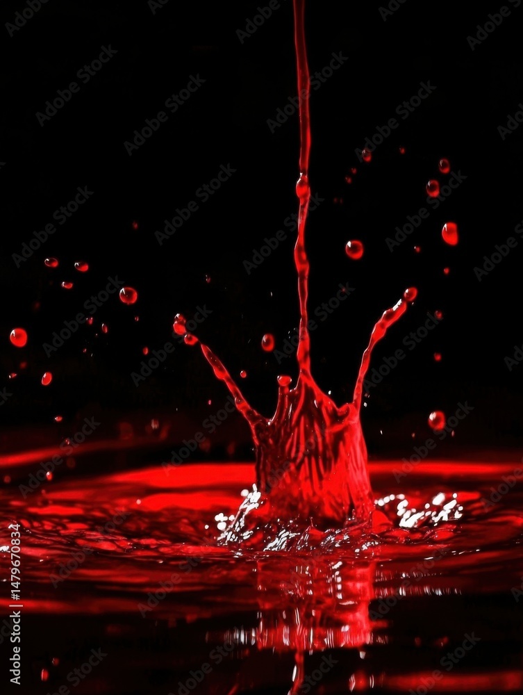 Aufkleber red liquid splash in dark studio shot showing motion and impact of fluid creating crown shape and ri