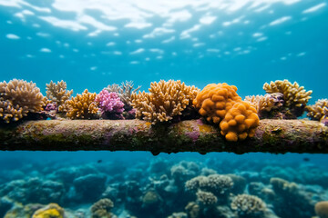 Naklejka premium Coral Reef Ecosystem: Vibrant coral growth on submerged structure, biodiversity thrives in clear blue water.
