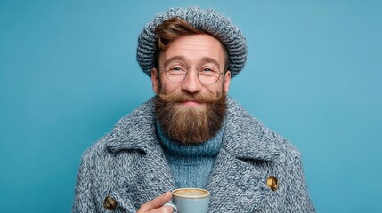A bearded man wearing a fashionable winter coat and a hat holds a cup of coffee, smiling warmly. The background is a soft blue, adding to the comforting vibe of the moment