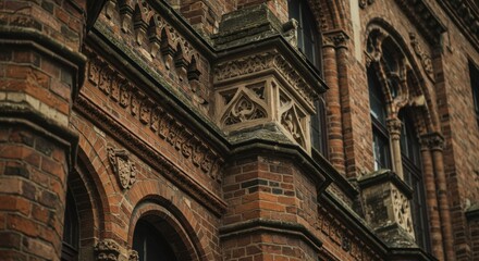 Obraz premium Intricate gothic architecture details of brick church facade with arched windows and ornate stonework. Historical landmark showcasing medieval craftsmanship and religious symbolism