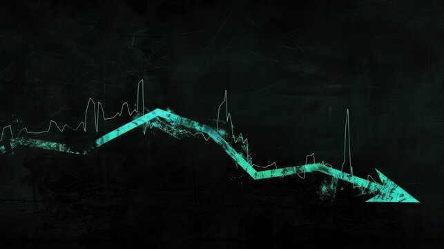 A teal arrow pointing downwards symbolizes a financial downturn amidst a dark, textured background
