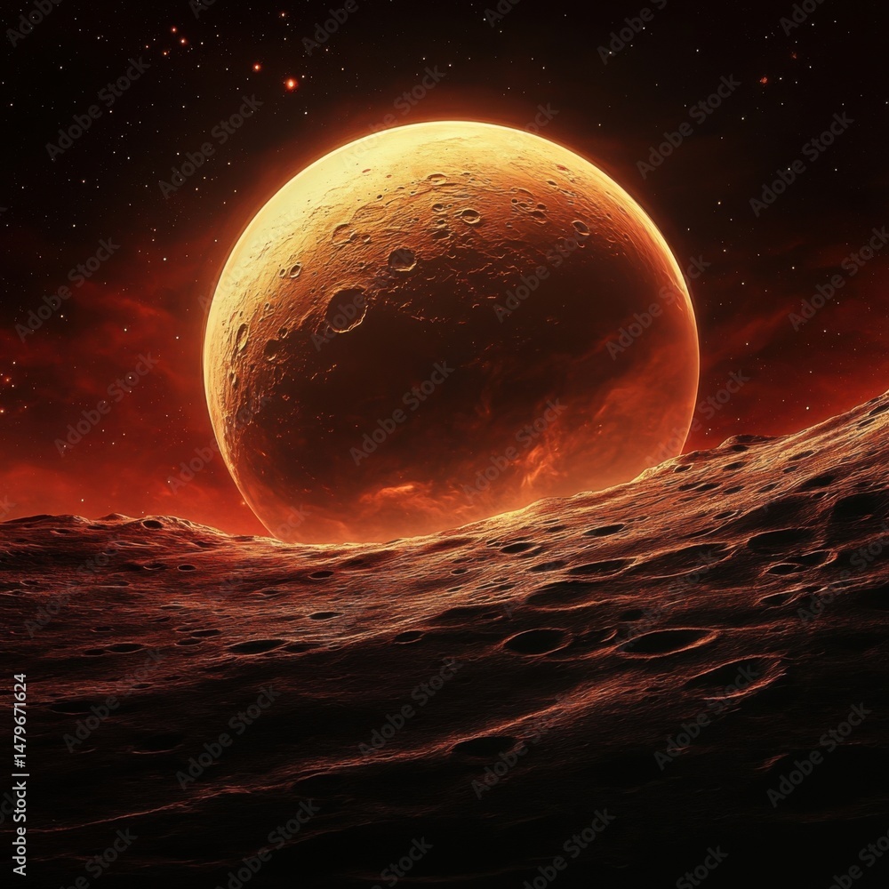 Aufkleber dramatic close-up of a red planet with craters and stars in the background; low angle view of a barr