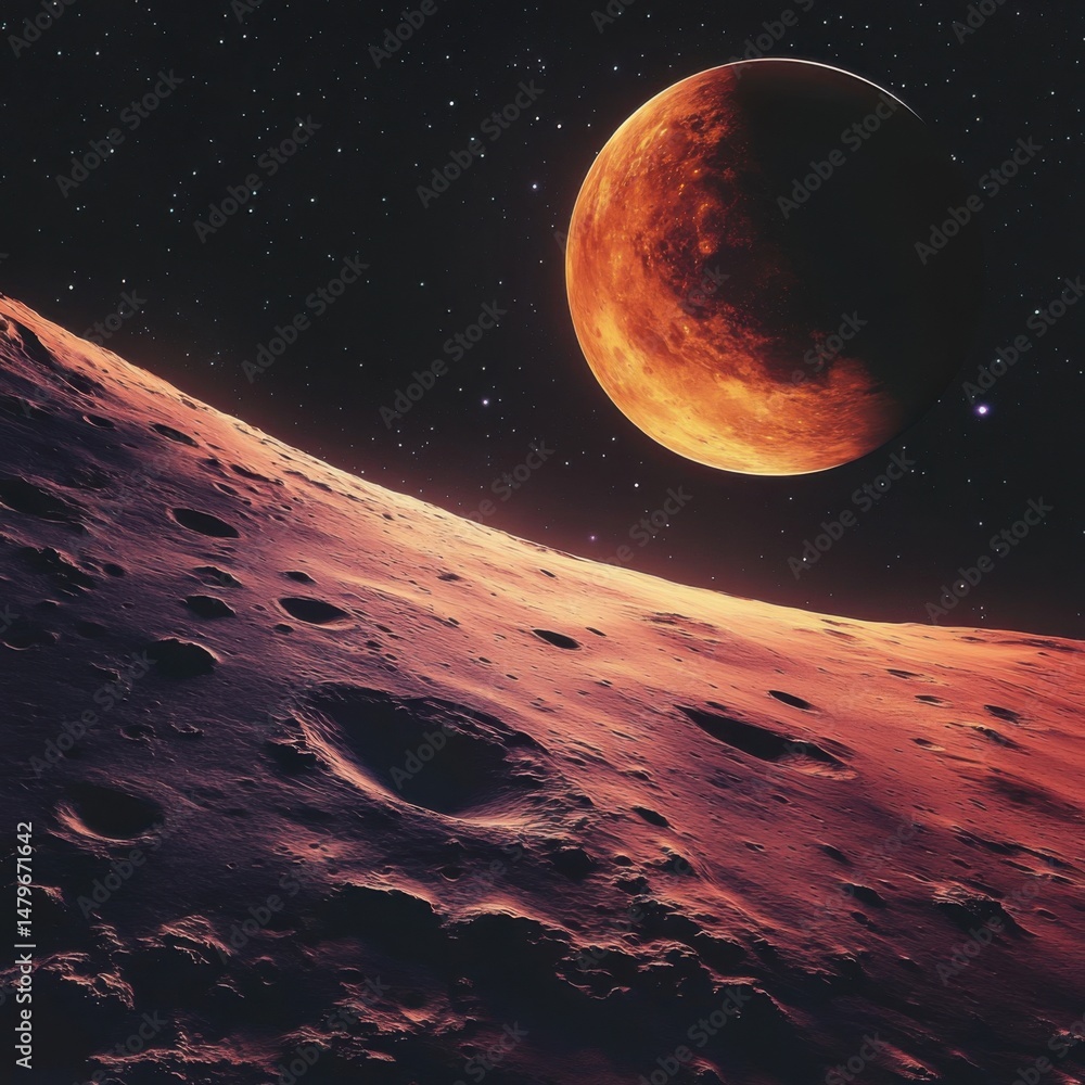 Poster martian landscape with craters and a planet in the background; low angle shot of the surface of mars