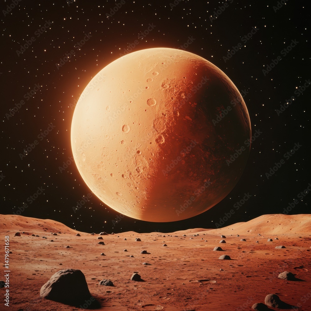 Aufkleber dramatic view of mars surface with craters and rocks against starry sky in outer space exploration c