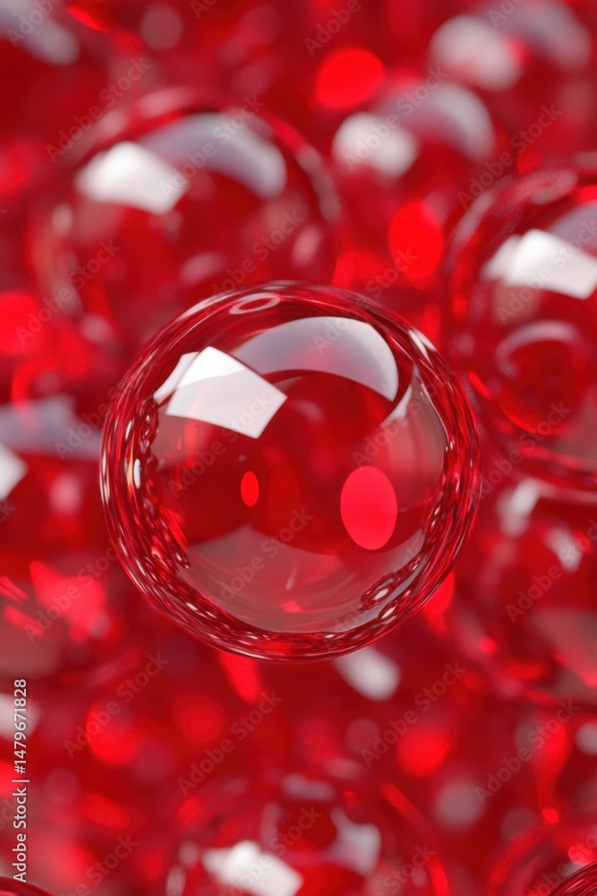 Poster close up of red transparent spheres with light reflecting off the surface in a macro studio shot for