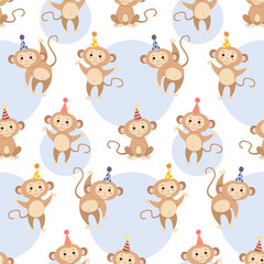Fototapeta premium Seamless pattern with cute monkeys in hats for party. Birthday, holiday, congratulations, invitation. Vector illustration.