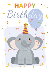 Greeting card with image of cute elephant in party hat. Vector illustration for greeting card, poster, holiday decoration.