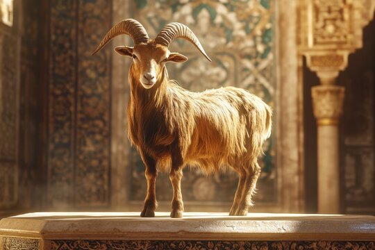 A goat stands majestic in an ornate historical interior.