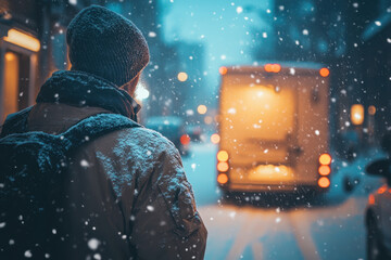 Man in snow staring at truck.