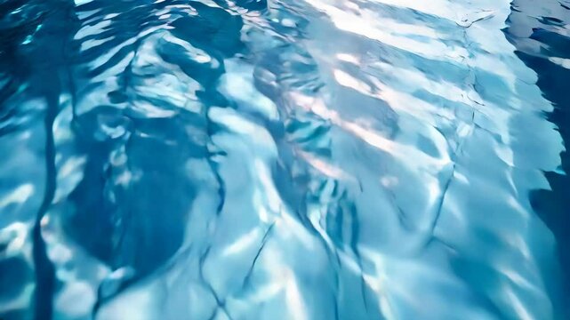 Blue surface of the pool water and ripple of the wave, shadow of exotic leaves. Summer vacation, refreshing rest