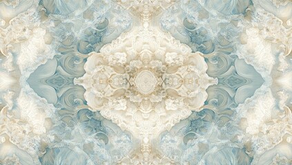 Intricate, symmetrical pattern of creamy whites and light blues, creating a detailed, ornate design with swirling shapes
