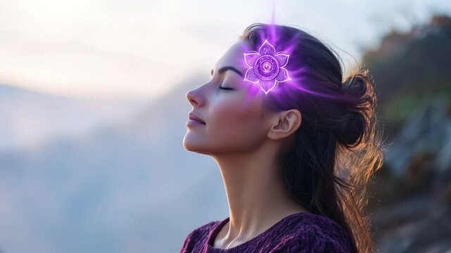 spiritual woman with purple lotus on forehead meditating in the mountain area. divine connection to the universe. purple stream of consciousness into pineal gland. crown chakra seventh chakra opening.