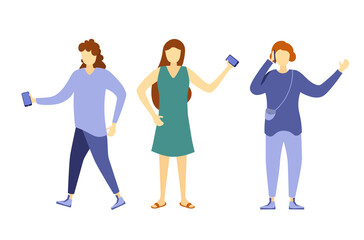 Fototapeta premium Character talking on smartphone looking at screen cut-out person design separate half face standing female male phone communication young people cartoon diverse set vector casual attire social