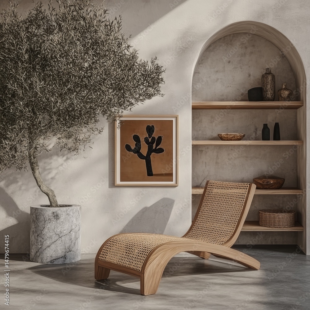 Poster a minimalist interior background featuring a canvas mockup, armchair, and rustic decor is shown in a