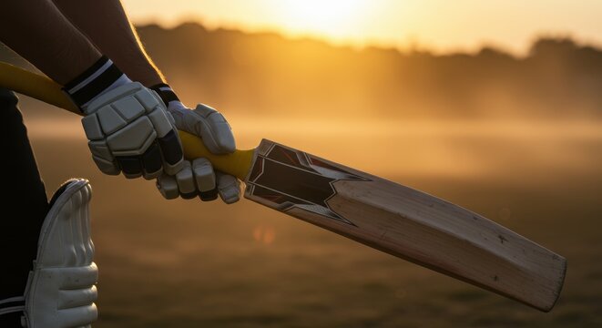 Cricket Player Holding Bat at Sunset in Stadium for Sports Blogs, Event Promotions, Athletic Websites, and Social Media Content - Powered by Adobe