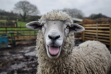 Fototapeta premium Sheep with open mouth, looking directly at camera, in a muddy field. Fluffy, light gray fleece. Happy expression