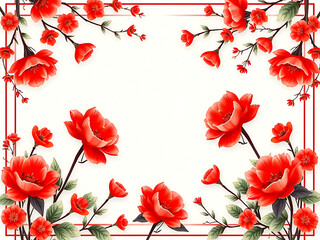 Chinese Red Flowers Frame Photo on white background