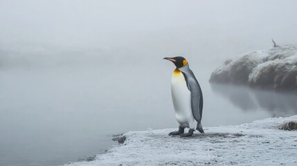 Fototapeta premium A king penguin framed against icy terrain, walking slowly as fog swirls around its path
