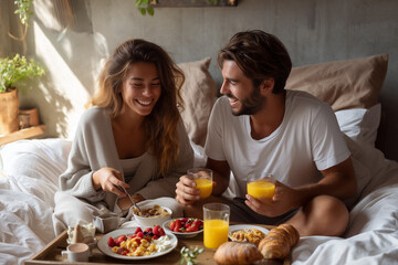  Young couple enjoying breakfast in bed on a lazy Sunday morning.
