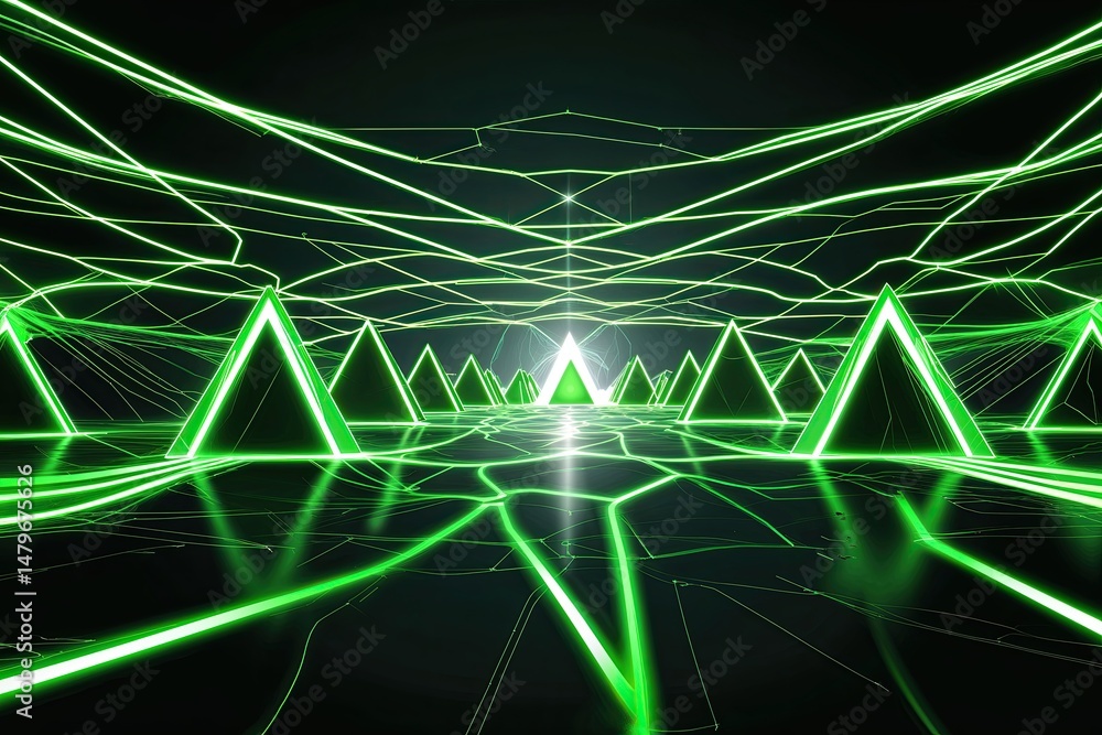 Poster quantum energy design featuring dynamic lines and triangular shapes in vibrant green on dark backgro