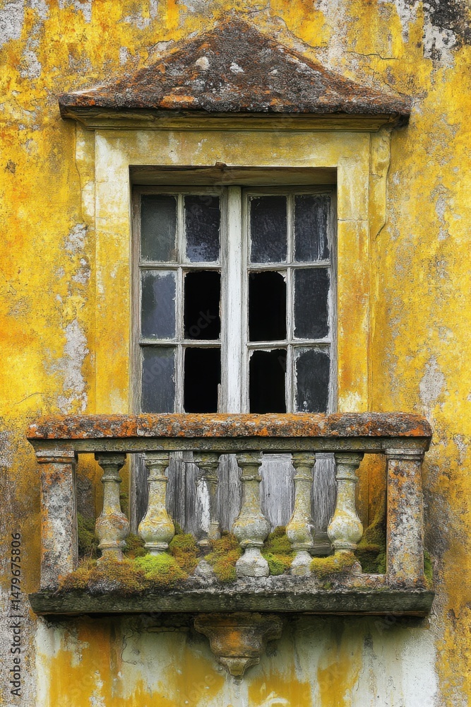 Poster weathered window and balcony of old building in portugal close up vertical shot architecture detail