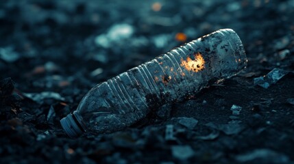 Obraz premium Discarded Plastic Bottle on Dark Ground Illuminating Pollution Problem and Waste Management Challenges Highlighted by Scattered Debris and Warm Light