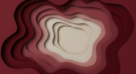 Wavy layered topography reveals shades of maroon to beige in a threedimensional paper art design