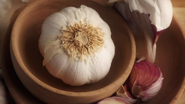 Garlic bulb in a wooden bowl close up backdrop stock footage