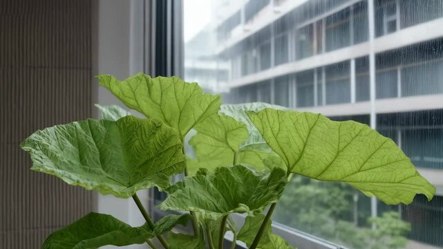 Lush green indoor rhubarb plant with large leaves stands near a window during rainfall, creating a tranquil and organic atmosphere