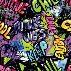 Abstract bright graffiti pattern. With bricks, paint drips, words in graffiti style. Graphic urban design for textiles, sportswear, prints.
