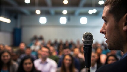 A speaker stands confidently at a microphone, addressing an engaged audience in a conference room. Participants listen attentively, creating an atmosphere of inspiration and focus