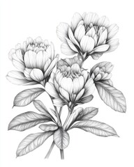 Detailed pencil drawing of peony flowers with leaves on white background botanical illustration floral art