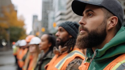 Focused Workers in Safety Gear Engaged in Their Jobs Amid Urban Environment and Natural Elements
